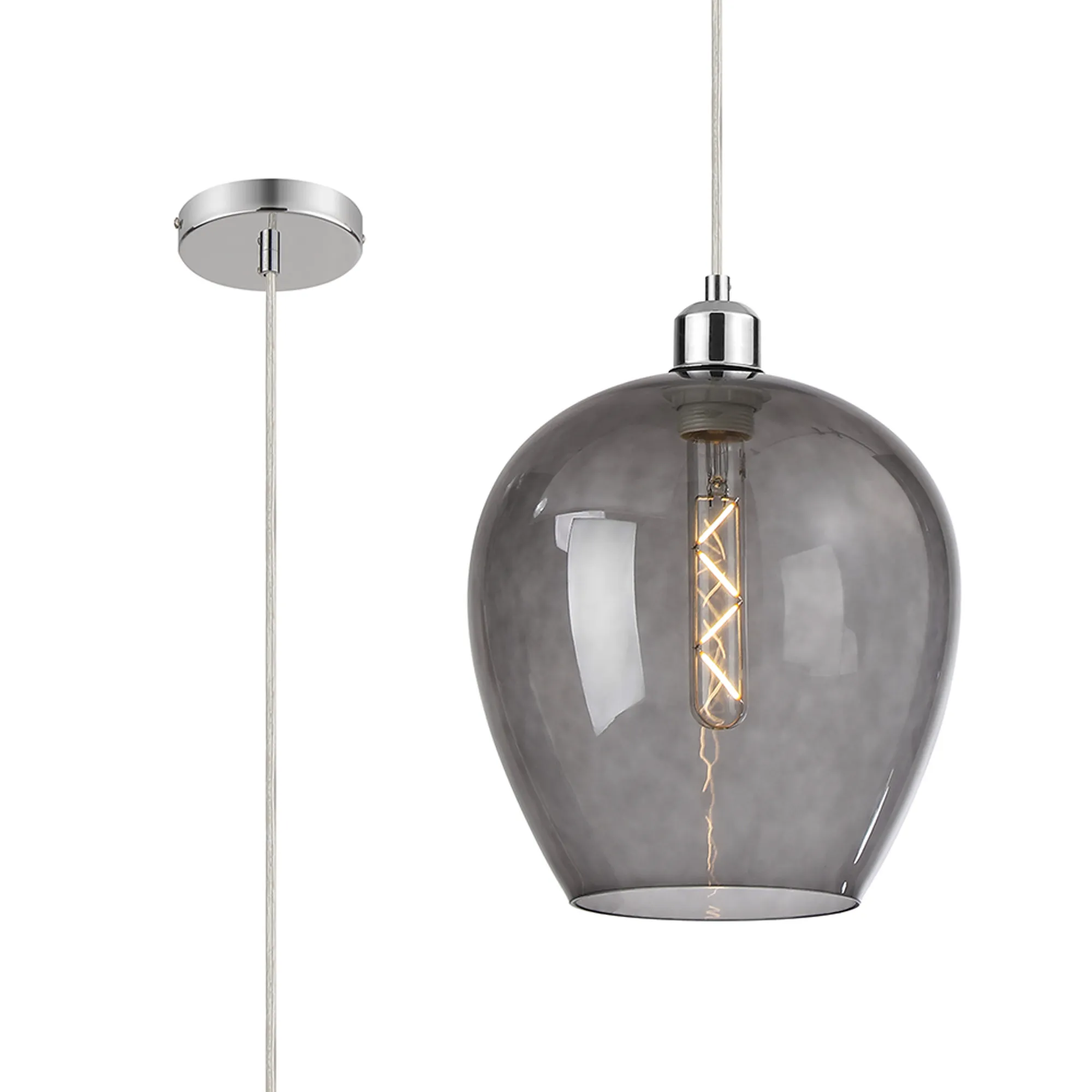 DK1112  Cawdor Single Pendant, 1 Light E27, Polished Chrome/Clear/Smoke Wine Glass